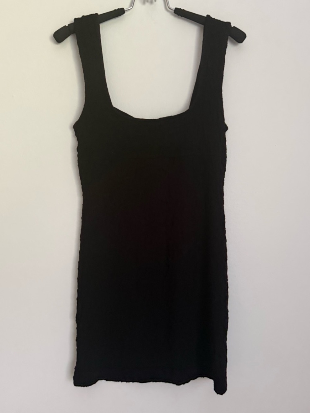 Free People Black Textured Stretch Mini Dress Sleeveless Square Neck Size L